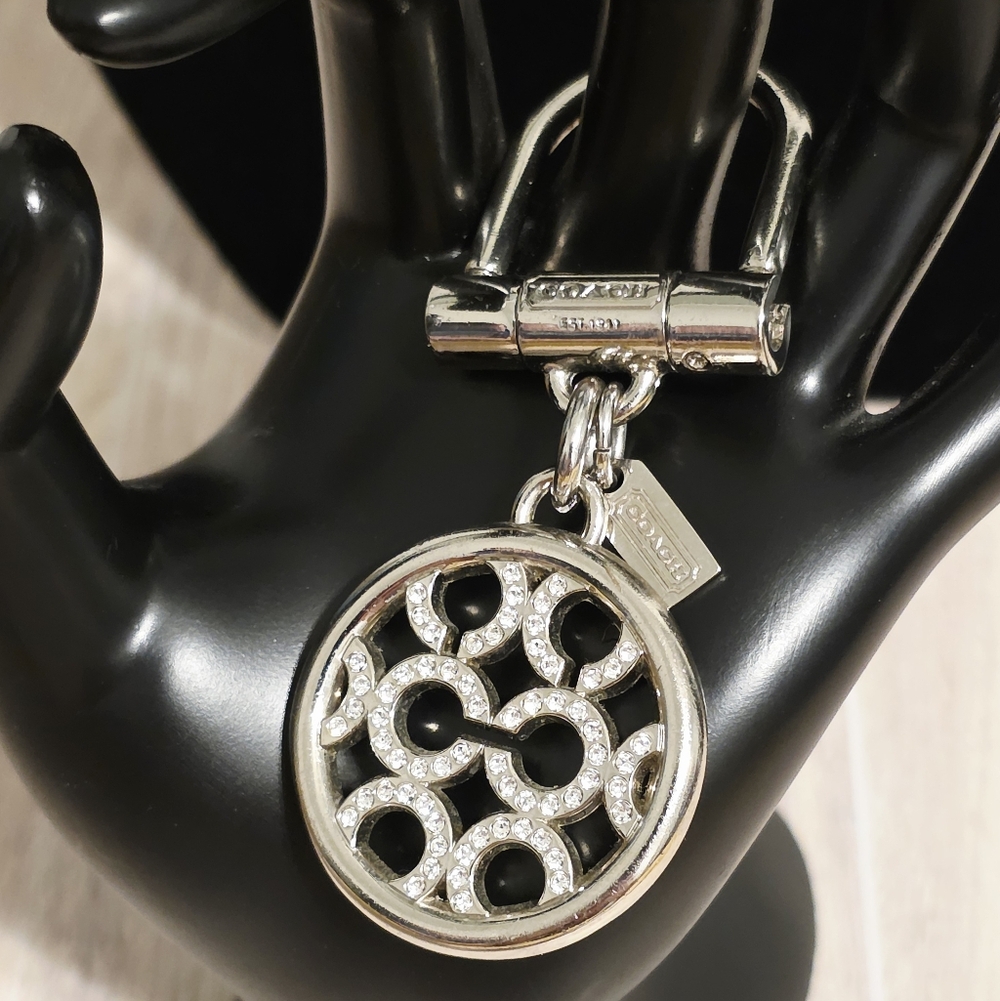 Coach Gold Pave Crystal OP Art Signature Bag Charm Keychain Fob Silver 💕